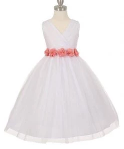 Cinderella Couture Girls Pleated White Tea Length Tulle Dress With Flower Sash Flower Girl Dresses