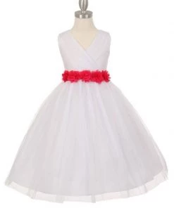 Cinderella Couture Girls Pleated White Tea Length Tulle Dress With Flower Sash Flower Girl Dresses
