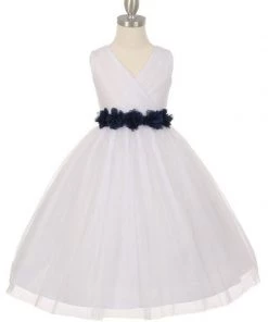 Cinderella Couture Girls Pleated White Tea Length Tulle Dress With Flower Sash Flower Girl Dresses
