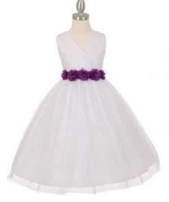 Cinderella Couture Girls Pleated White Tea Length Tulle Dress With Flower Sash Flower Girl Dresses
