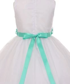 Cinderella Couture Girls Pleated White Tea Length Tulle Dress With Flower Sash Flower Girl Dresses