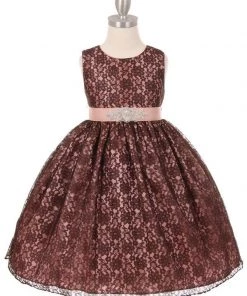 Cinderella Couture Girls Raschel Lace Tea Length Dress With Beaded Brooch Sash