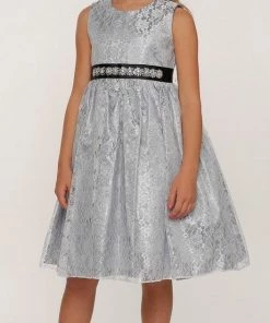 Cinderella Couture Girls Raschel Lace Tea Length Dress With Beaded Brooch Sash