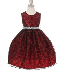 Cinderella Couture Girls Raschel Lace Tea Length Dress With Beaded Sash