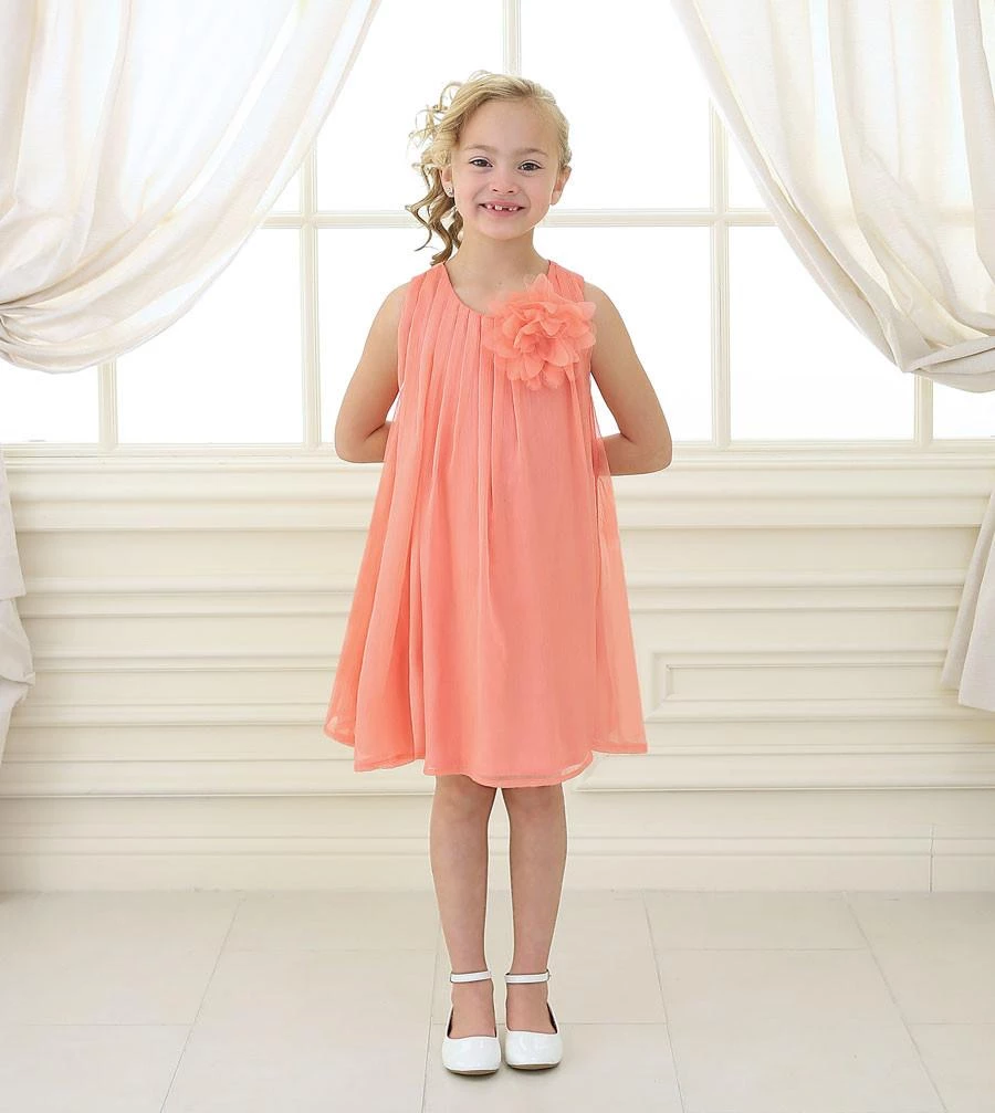 Calla Collection Girls Short Coral Chiffon Dress With Removable Flower By Calla CJ104 3 Calla Collection Girls Short Coral Chiffon Dress With Removable Flower By Calla CJ104