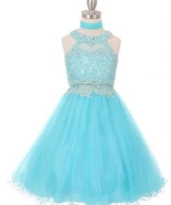 Kids Girls Short Halter Dress With Lace Bodice By Cinderella Couture 5040