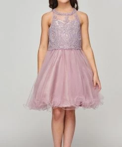 Dama Dresses Girls Short Illusion Applique Dress By Cinderella Couture 5065