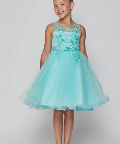 Girls Short Illusion Dress With 3D Flowers By Cinderella Couture 9083 Flower Girl Dresses