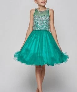 Girls Short Illusion Dress With Beaded Top By Cinderella Couture 8501