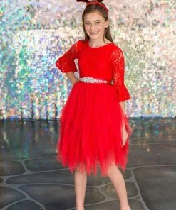 Calla Collection Girls Short Lace Bell Sleeve Dress With Tutu Skirt By Calla D708