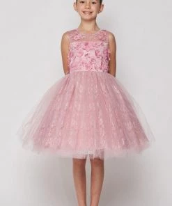 Girls Short Lace Dress With 3D Flowers By Cinderella Couture 9032