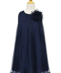 Calla Collection Girls Short Navy Blue Chiffon Dress With Removable Flower By Calla CJ104