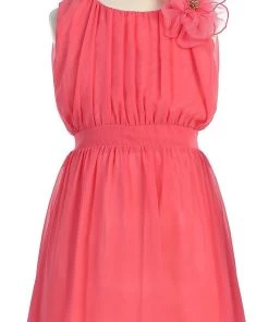Calla Collection Flower Girl Dresses Girls Short Pleated Coral Chiffon Dress By Calla C620
