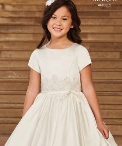 Mary's Bridal Angels Collection Girls Short Sleeve Satin Gown By Mary's Bridal MB9077 Flower Girl Dresses