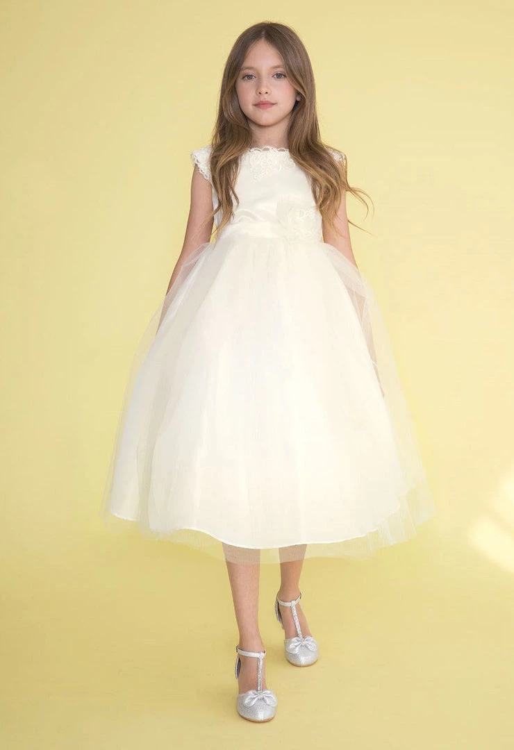 Calla Collection Girls Short-Sleeved Tea Length Dress With Lace Neckline Flower Girl Dresses 3 Calla Collection Girls Short-Sleeved Tea Length Dress With Lace Neckline Flower Girl Dresses