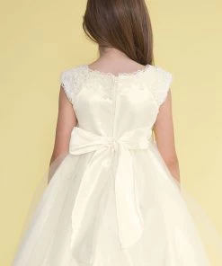 Calla Collection Girls Short-Sleeved Tea Length Dress With Lace Neckline Flower Girl Dresses