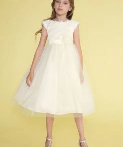 Calla Collection Girls Short-Sleeved Tea Length Dress With Lace Neckline Flower Girl Dresses 10 Calla Collection Girls Short-Sleeved Tea Length Dress With Lace Neckline Flower Girl Dresses