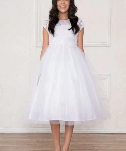 Calla Collection Girls Short-Sleeved Tulle Dress With Lace Bodice Flower Girl Dresses