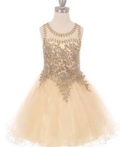 Dama Dresses Girls Short Tulle Dress With Gold Applique Top By Cinderella Couture 5017