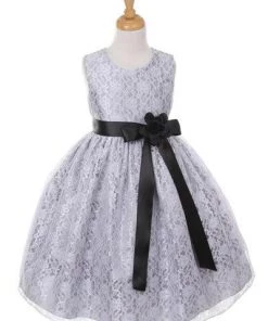 Cinderella Couture Girls Silver Raschel Lace Tea Length Dress With Flower Sash Flower Girl Dresses 26 Cinderella Couture Girls Silver Raschel Lace Tea Length Dress With Flower Sash Flower Girl Dresses