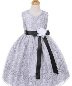 Cinderella Couture Girls Silver Raschel Lace Tea Length Dress With Flower Sash Flower Girl Dresses