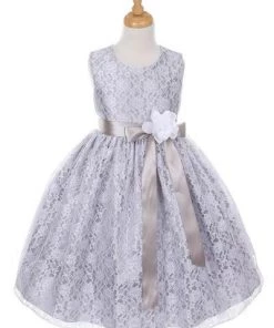 Cinderella Couture Girls Silver Raschel Lace Tea Length Dress With Flower Sash Flower Girl Dresses 25 Cinderella Couture Girls Silver Raschel Lace Tea Length Dress With Flower Sash Flower Girl Dresses