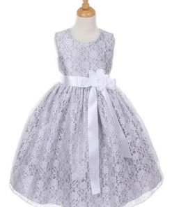 Cinderella Couture Girls Silver Raschel Lace Tea Length Dress With Flower Sash Flower Girl Dresses