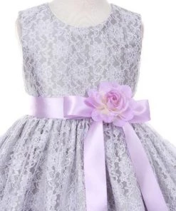 Cinderella Couture Girls Silver Raschel Lace Tea Length Dress With Flower Sash Flower Girl Dresses