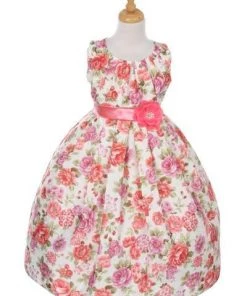 Girls Sleeveless Coral Floral Print Dress By Cinderella Couture ME732