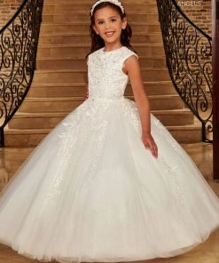 Mary's Bridal Angels Collection Girls Sleeveless Glitter Tulle Gown By Mary's Bridal MB9093 White Dresses