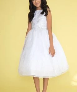 Calla Collection Girls Sleeveless Tea Length Dress With Feather Embroidered Top Flower Girl Dresses