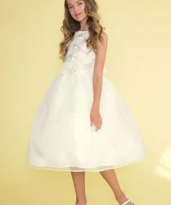 Calla Collection Girls Sleeveless Tea Length Dress With Feather Embroidered Top Flower Girl Dresses