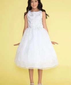 Calla Collection Girls Sleeveless Tea Length Dress With Feather Embroidered Top Flower Girl Dresses