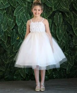 Calla Collection Girls Sleeveless Tea Length Dress With Floral Appliques By Calla D776 Flower Girl Dresses