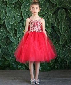 Calla Collection Girls Sleeveless Tulle Dress With Leaf Appliques By Calla D778