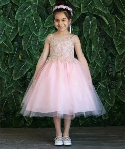 Calla Collection Girls Sleeveless Tulle Dress With Leaf Appliques By Calla D778