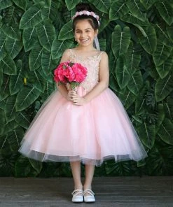 Calla Collection Girls Sleeveless Tulle Dress With Leaf Appliques By Calla D778