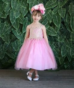 Calla Collection Girls Sleeveless Tulle Dress With Leaf Appliques By Calla D778