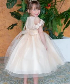 Calla Collection Flower Girl Dresses Girls Tea Length Dress With Floral Applique Cape By Calla D788