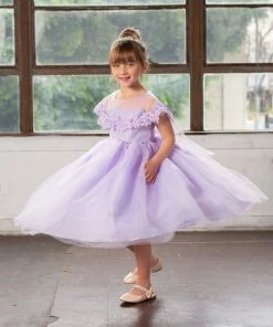 Calla Collection Flower Girl Dresses Girls Tea Length Dress With Floral Applique Cape By Calla D788