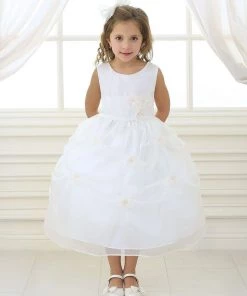 Calla Collection Girls Tea Length Dress With Floral Appliqued Pick-Up Skirt Flower Girl Dresses