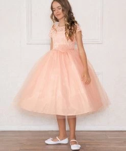 Calla Collection Flower Girl Dresses Girls Tea Length Dress With Lace Bodice By Calla D757