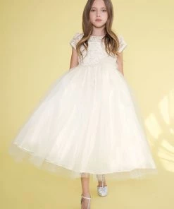 Calla Collection Flower Girl Dresses Girls Tea Length Dress With Lace Bodice By Calla D757