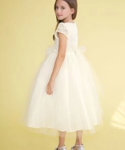 Calla Collection Flower Girl Dresses Girls Tea Length Dress With Lace Bodice By Calla D757