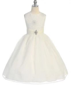 Calla Collection Girls Tea Length Organza Dress With Glitter Bodice Flower Girl Dresses