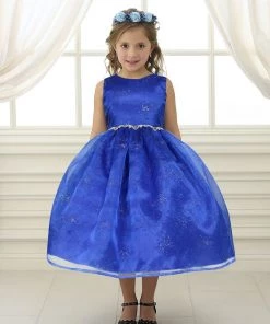Calla Collection Girls Tea Length Organza Glitter Dress With A-line Skirt