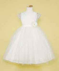 Calla Collection Girls Tulle Tea Length Dress With Beaded Short Sleeves