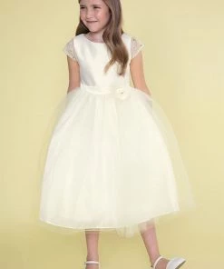 Calla Collection Girls Tulle Tea Length Dress With Beaded Short Sleeves