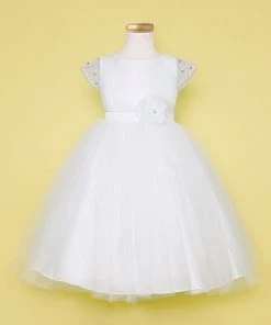 Calla Collection Girls Tulle Tea Length Dress With Beaded Short Sleeves