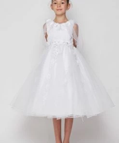 Girls White Cape Dress With 3D Appliques By Cinderella Couture 2906 Flower Girl Dresses